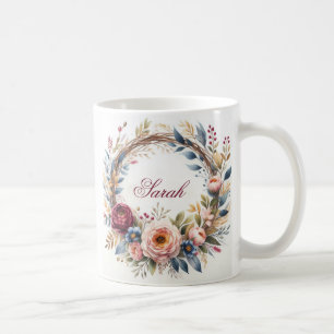 Mug Couronne florale élégante aquarelle nom personnali