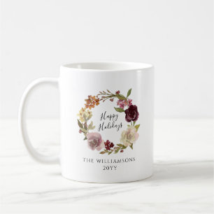 Mug Couronne Florale Joyeuses Fêtes Nom de Famille