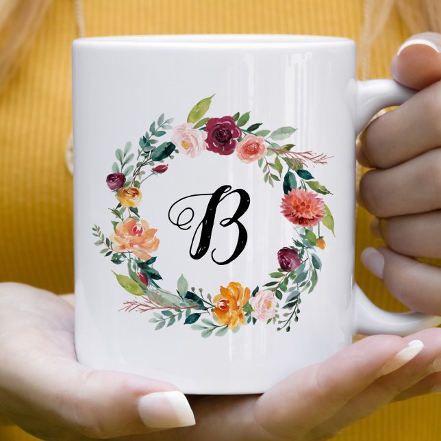 Mug Couronne florale monogramme rose burgundy (Créateur téléchargé)