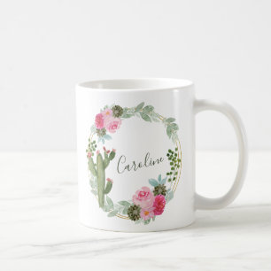 Mug Couronne florale personnalisée de cactus aquarelle