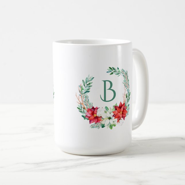 Mug Couronne Poinsettia de Noël Avec Monogramme (Devant droit)