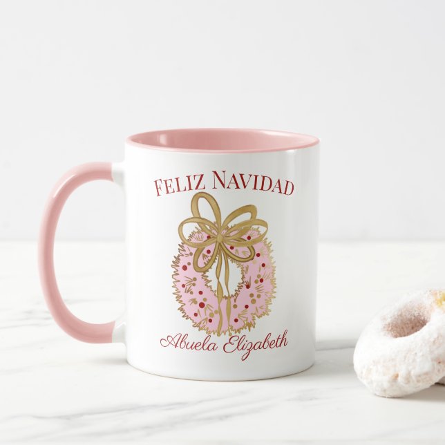 Mug Couronne rose personnalisée Joyeux Noël Abuela en  (Avec donut)