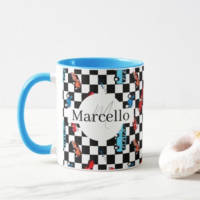 Mug Course Noir et Blanc Motif Moderne avec des Voitur (Avec donut)