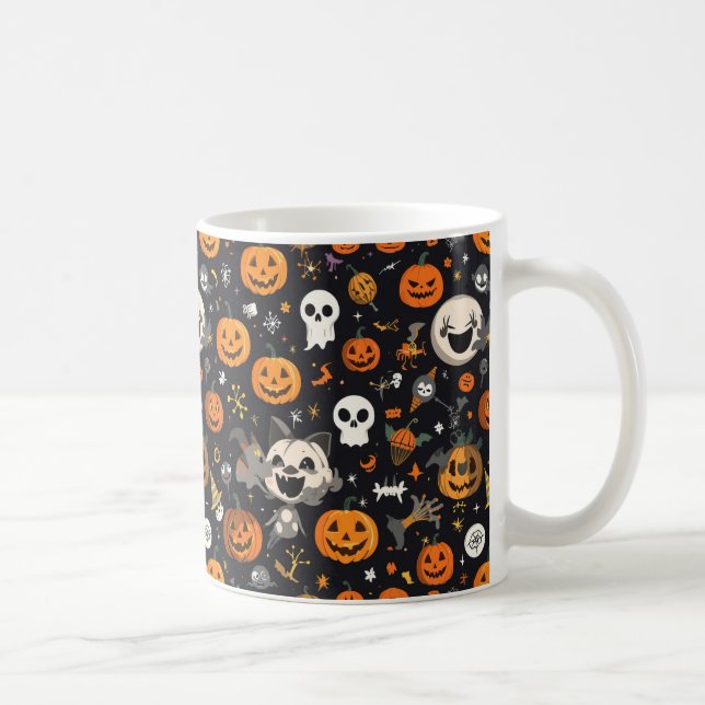 Mug Cozy Black Background Ghost & Pumpkin All-Over Pat (Droite)