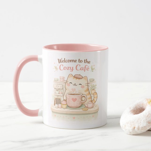 Mug Cozy Cafe Kawaii Cute Kitty Cat Coffee Sweet Pink  (Avec donut)