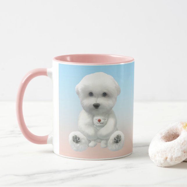 Mug Cozy Plush Moment: Smiling Bichon Hugging Mini Pup (Avec donut)
