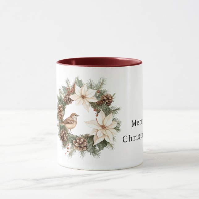 Mug Cozy Warm Christmas Poinsettia Pine Cones Bird (Centre)