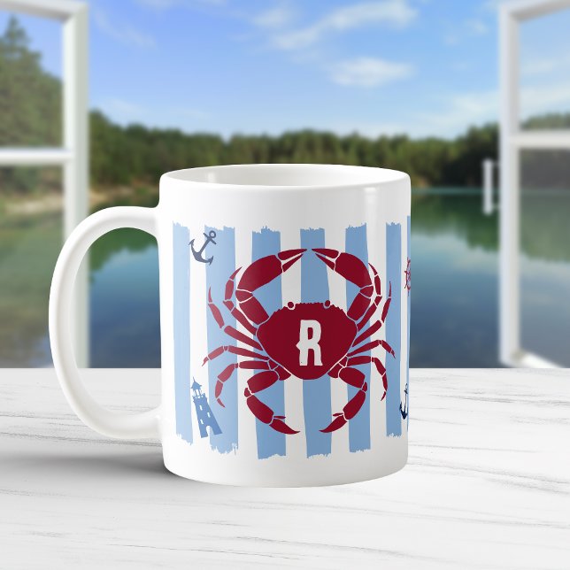 Mug Crabe rouge rayures bleues Monogramme icônes marit (Créateur téléchargé)
