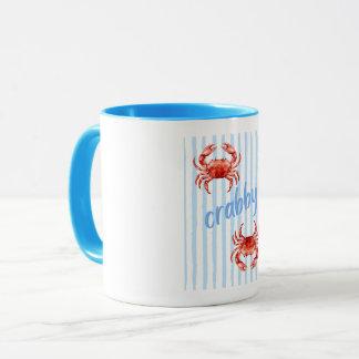 Mug Crabes CRABBY Rouge Aquarelle Crabes Rayures Bleu 