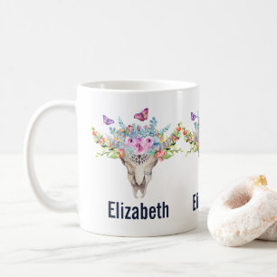 Mug Crâne animal Boho avec papillons et fleurs