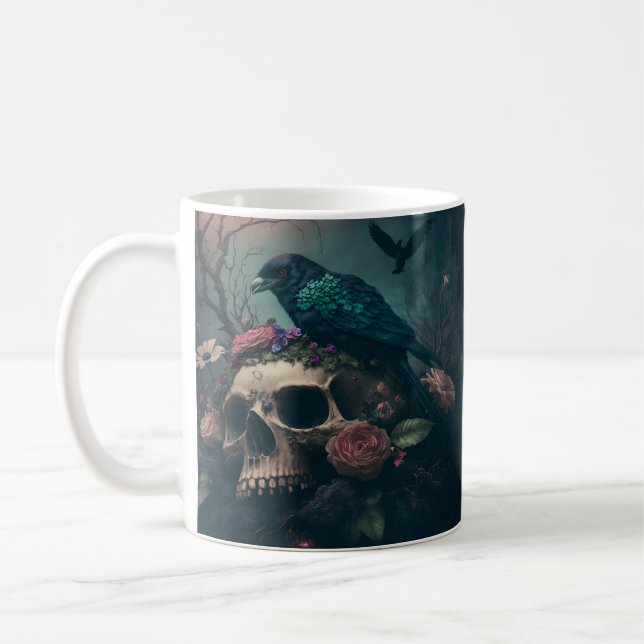 Mug Crâne avec roses et corbeau art gothique (Gauche)