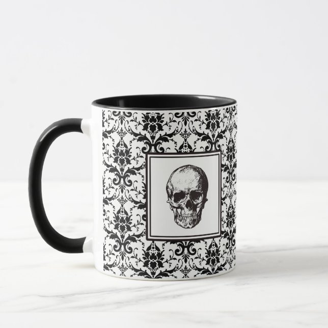 Mug Crâne de motif damassé noir gothique Halloween (Gauche)