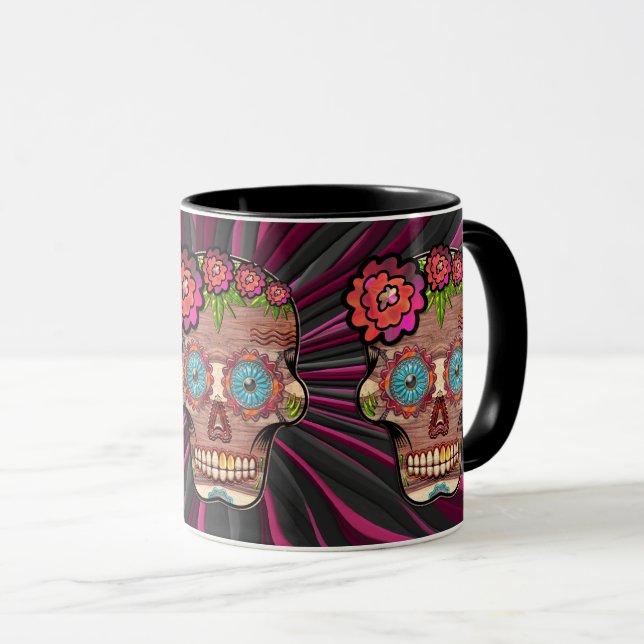Mug Crâne de sucre en bois sculpté avec couronne fleur (Devant droit)