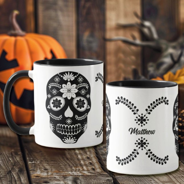 Mug Crâne de Sucre Mexicain 2 Noir et Blanc avec nom (Créateur téléchargé)