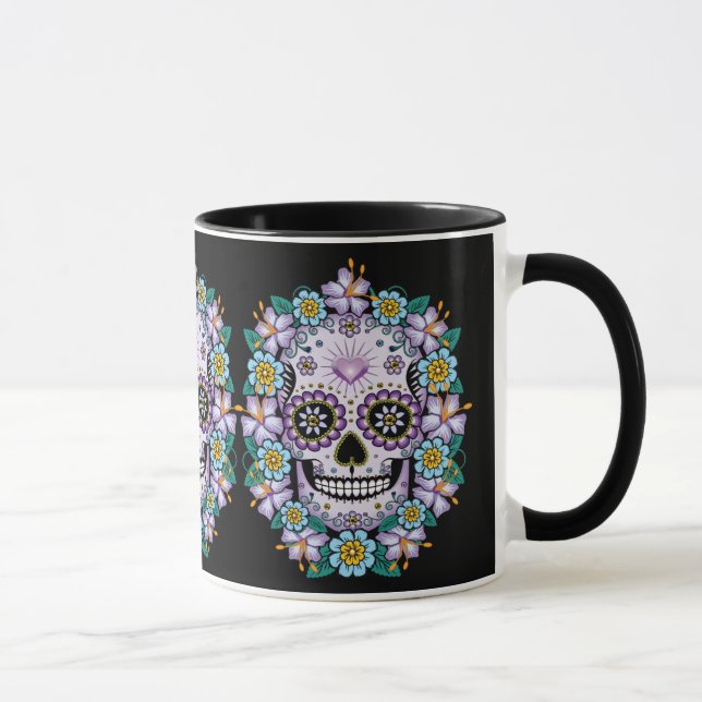 Mug Crâne de sucre pourpre aux fleurs (Droite)