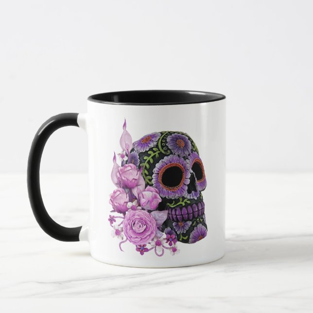 Mug Crâne de sucre rose floral noir Jour des morts (Gauche)