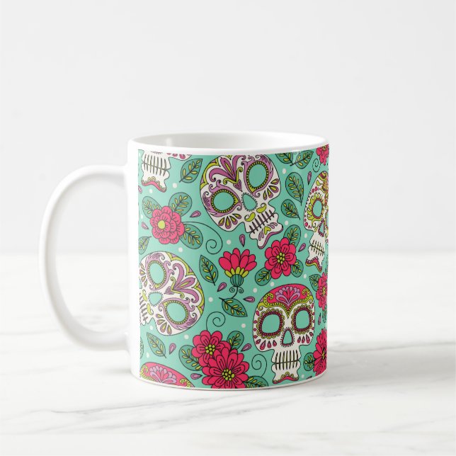 Mug Crâne et fleurs. Arrière - plan sans couture. da m (Gauche)