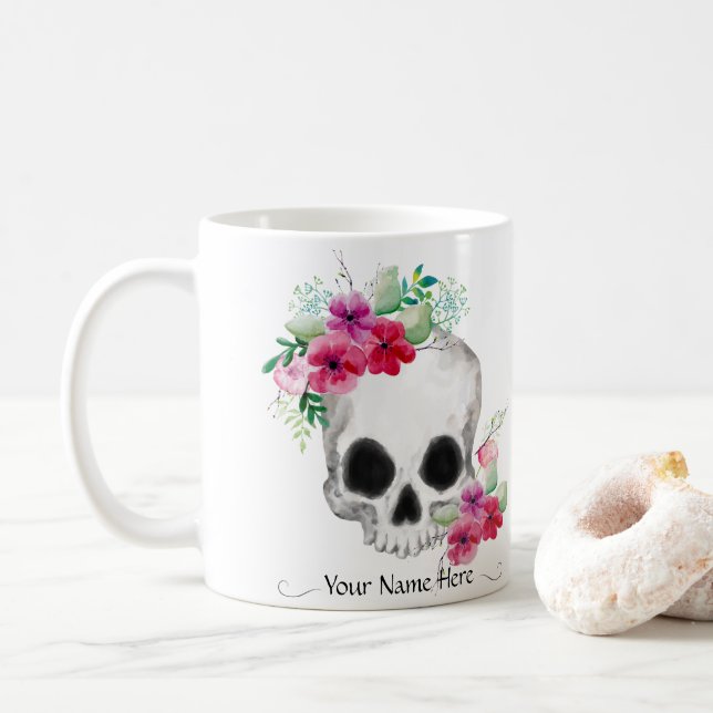 Mug Crâne Et Fleurs N'Importe Quel Nom (Avec donut)