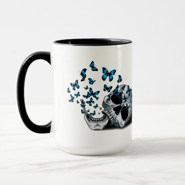 Mug Crâne et papillons bleus noir et blanc (Gauche)