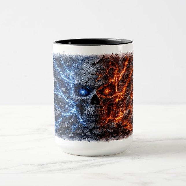 Mug Crâne Feu vs Glace – Fissure Électrique Bleue & Ro (Centre)