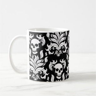 Mug Crâne flamme Damas en blanc foncé sur noir