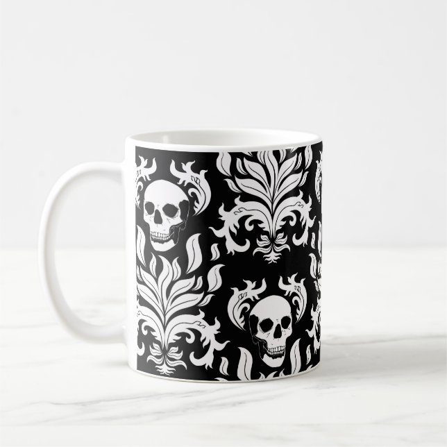 Mug Crâne flamme Damas en blanc foncé sur noir (Gauche)