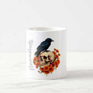 Mug Crâne floral et nom personnalisé Corbeau