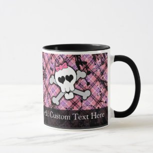 Mug Crâne grunge rose avec des coeurs d'os croisés