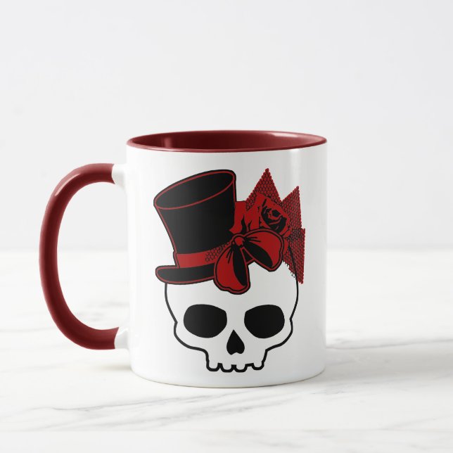 Mug Crâne mignon avec chapeau Rose rouge Bow (Gauche)