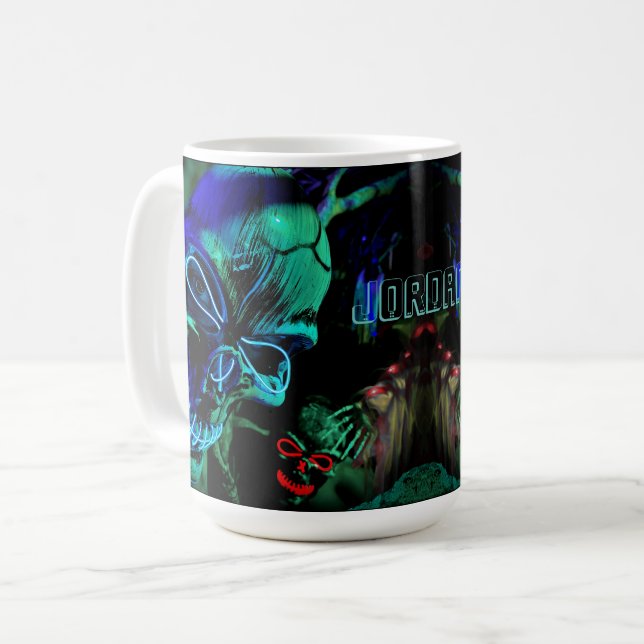 Mug Crâne Neon Turquoise bleu Nom Jour Mort Halloween (Devant gauche)