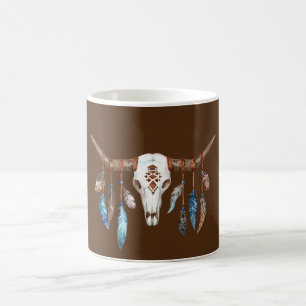 Mug Crâne occidental aquarelle avec des plumes