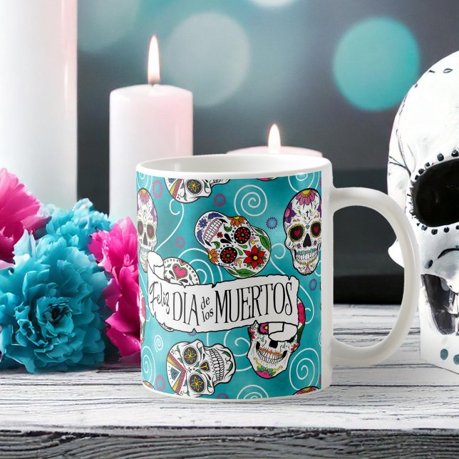 Mug Crânes à sucre et tourbillons Rose Turquoise ID725 (Créateur téléchargé)