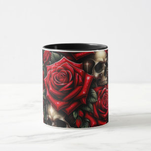 Mug Crânes d'or et roses rouges étincelante gothique