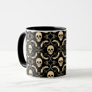 Mug Crânes et chauves-souris Halloween noir et crème