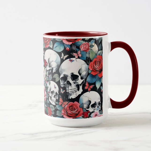Mug Crânes et Roses avec papillons sur le noir (Droite)