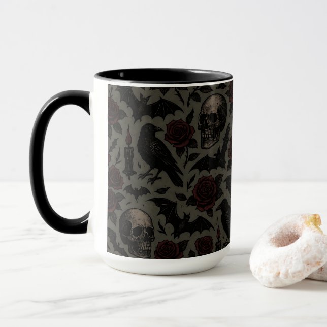 Mug Crânes gothiques, corbeaux et Motif Rose (Avec donut)