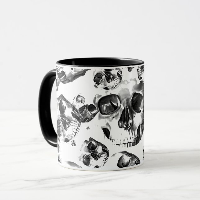 Mug Crânes Noir & Blanc Squelette Motif d'Art de Crâne (Devant gauche)