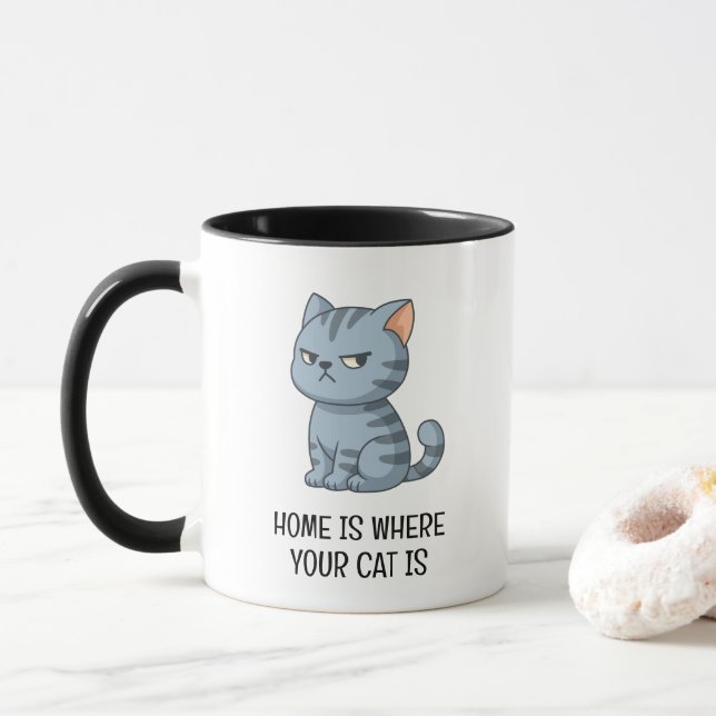 Mug Cranky Grey Tabby Cat (Avec donut)