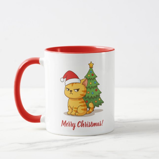 Mug Cranky Orange Tabby Cat Red Hat Christmas Tree (Gauche)