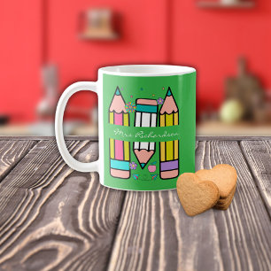Mug Crayon de nom d'enseignant de couleur verte dessin