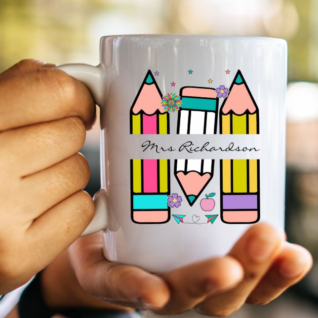 Mug Crayon nom enseignant coloré cartoon  (Créateur téléchargé)