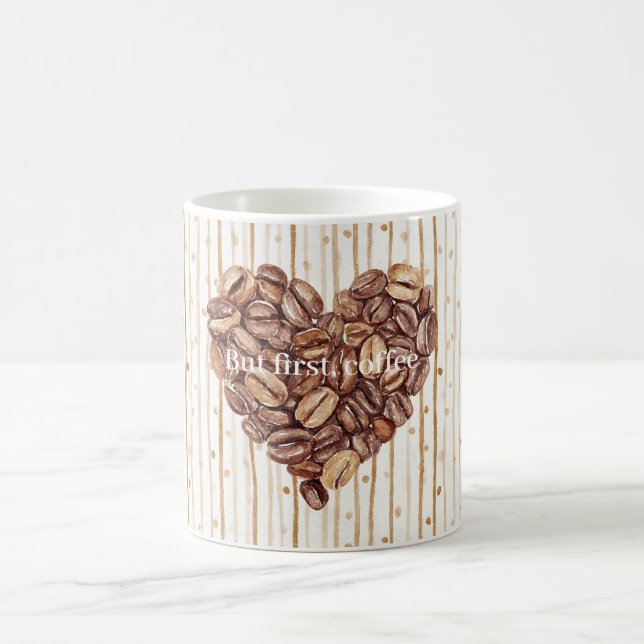 Mug Cream Dots Stripes First Coffee Beans Heart (Centre)
