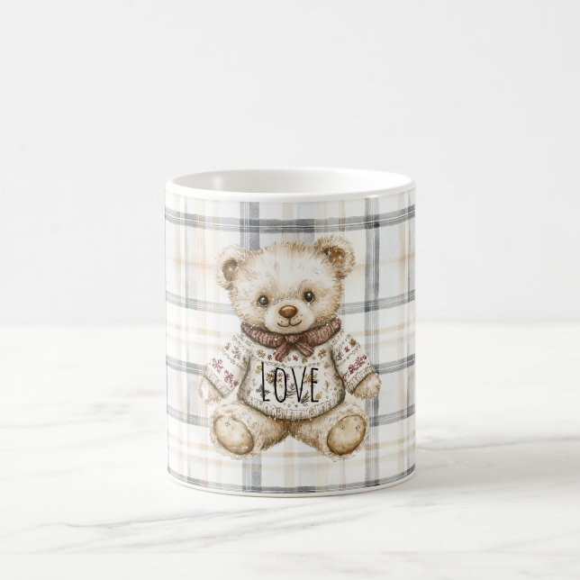 Mug Cream Grey Plaid Stripes Teddy Bear Love (Centre)