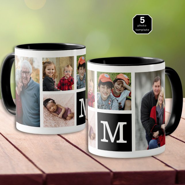 Mug Créez Votre Propre Collage Photo 5 Monogrammé Noir (Créateur téléchargé)