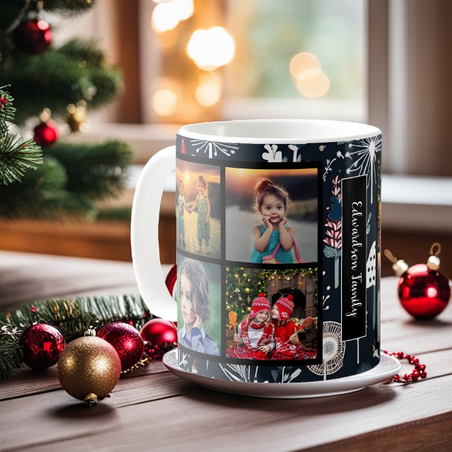 Mug Créez votre propre collage photo de famille Noël (Create your own family photo collage Christmas Coffee Mug. You can add your own photos and name.)