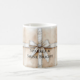 Mug Crème Blanc Argent Glitzy Glam Bow anniversaire