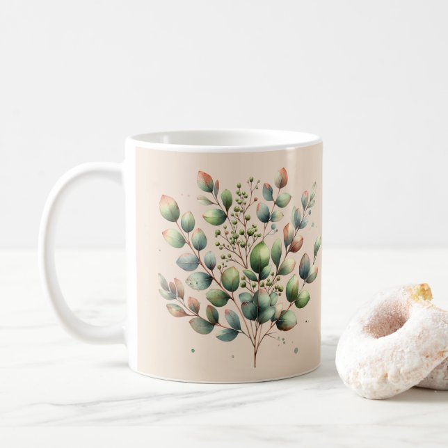 Mug Crème d'aquarelle botanique d'Eucalyptus (Avec donut)
