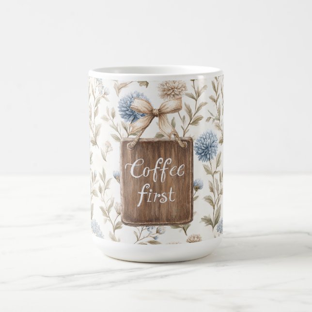 Mug Crème marron cacao Fleurs bleues Café en premier   (Centre)