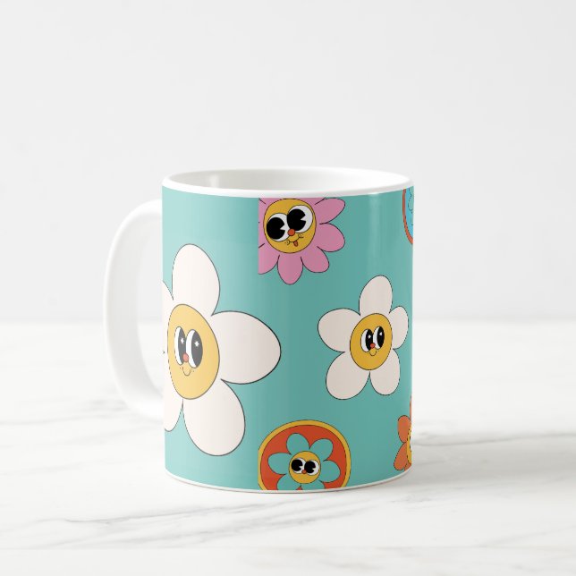 Mug crème rose illustration muqueuse à fleurs rétro (Devant gauche)