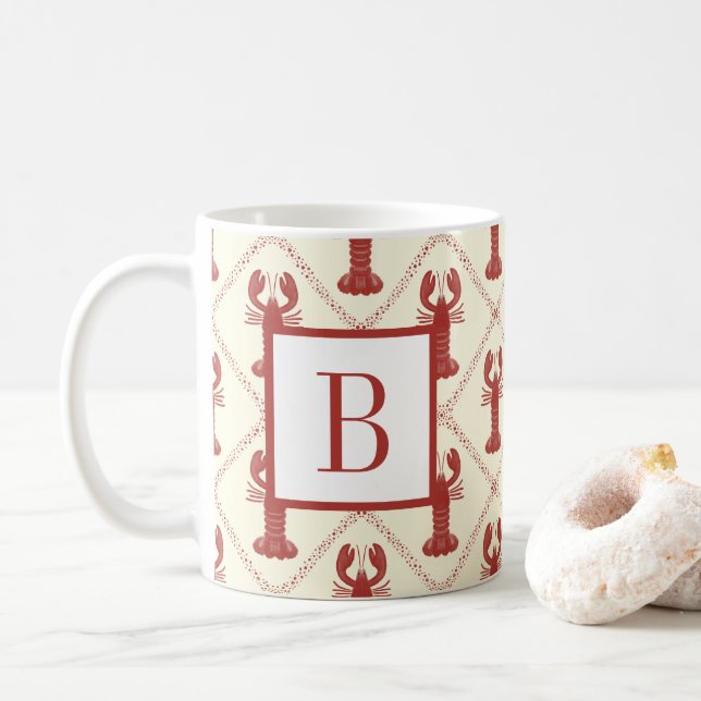 Mug Crème Rouge de Homard Côtiers Diamant Monogramme I (Avec donut)